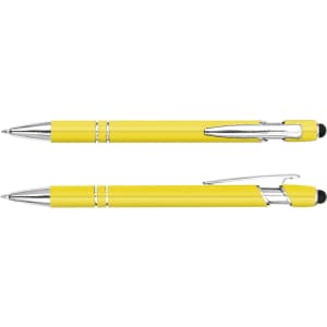 A yellow stylus pen with chrome accents, featuring a smooth barrel and a capacitive tip for touchscreen use.