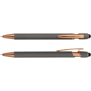 A stylus pen in grey with rose gold accents, featuring a smooth finish and a clip. Also includes a logo.