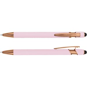 A rose gold stylus pen with a pink barrel, featuring a logo and a smooth writing tip.