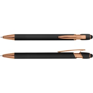 A sleek black stylus pen with rose gold accents, featuring a modern design and a branding logo.