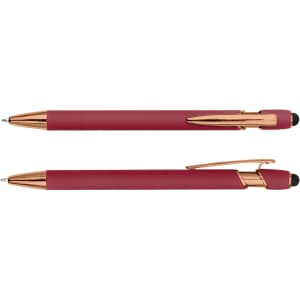 A rose gold stylus pen with a rich burgundy body and a sleek design. Includes a branding logo.