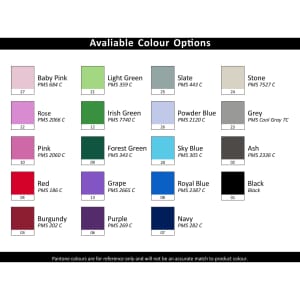 A colour chart featuring various options including shades like Baby Pink, Light Green, and Rose, along with their Pantone codes.