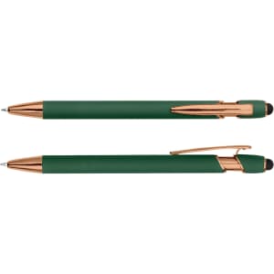 A green stylus pen with rose gold accents, featuring a logo on the barrel.