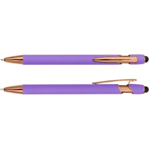 A purple stylus pen with rose gold accents and a clip, featuring a touch-sensitive tip.