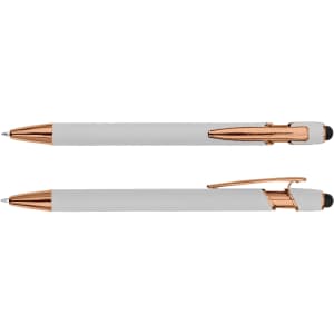 A rose gold stylus pen with a sleek white body, featuring a branding logo on the side.