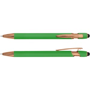 A green stylus pen with rose gold accents, featuring a sleek design and a black tip for touchscreen use.