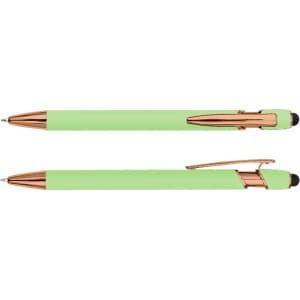 A green stylus pen with rose gold accents, featuring a sleek design and a logo.
