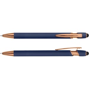 A navy blue stylus pen with rose gold accents, featuring a sleek design and a logo on the body.