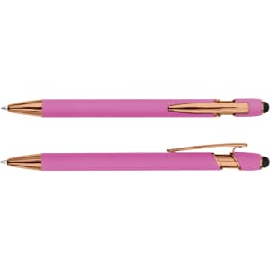 A pink stylus pen with rose gold accents, featuring a sleek design and a rubber tip for touchscreens.