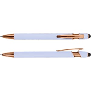 A stylus pen in light blue with rose gold accents, featuring a sleek design and a clip.