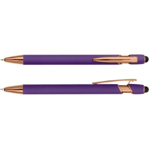 A purple stylus pen with rose gold accents and a clip. It features a rounded tip and a sleek design.
