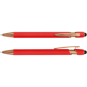 A red stylus pen with rose gold accents, featuring both a click mechanism and a soft touch tip.