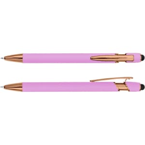 A pink stylus pen with rose gold accents and a black tip, featuring a sleek design and a logo.