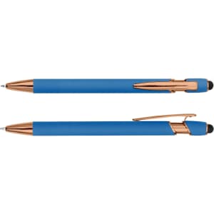 A blue stylus pen with rose gold accents, featuring a smooth finish and a branding logo on the side.