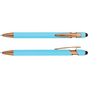 A stylus pen in turquoise with rose gold accents, featuring a smooth finish and a logo.