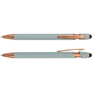 A stylus pen featuring a mint green body with rose gold accents and a rubber tip for touchscreen use.