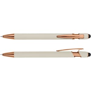 A set of two stylus pens in cream with rose gold accents, featuring a logo on the barrel.