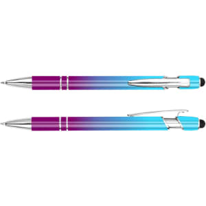 A stylus pen featuring a gradient design of purple and blue with silver accents and a clip.