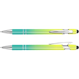 A stylus pen in vibrant green and turquoise hues with chrome accents and a logo.