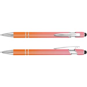 A stylus pen featuring a pink and orange body with chrome accents and a black stylus tip.