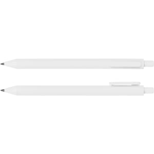 A white ballpoint pen displayed from two angles, featuring a clip and a smooth design. It has a logo.