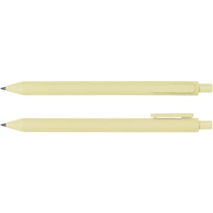 A yellow ballpoint pen displayed from two angles, featuring a sleek design and a clip for attachment.