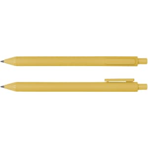A yellow ballpoint pen displayed upright and horizontally, featuring a simple design and a clip.