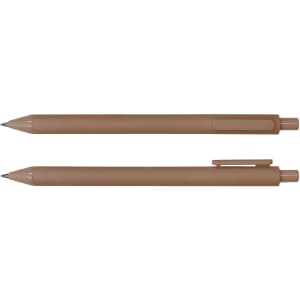 A brown ballpoint pen with a sleek design and a clip, featuring a brand logo.