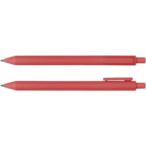 A red Virgo ballpoint pen is displayed, featuring a smooth design with a clip and a retractable tip.
