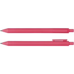 A pink ballpoint pen displayed horizontally and vertically, featuring a clip and a branding logo.