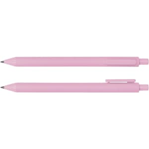 A pink ballpoint pen features a sleek design with a clip on one side. It has a smooth finish and a rounded tip.