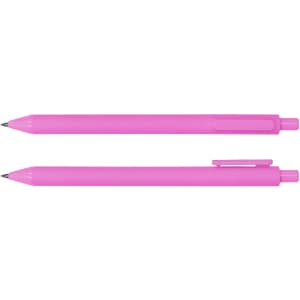 A pink ballpoint pen with a smooth finish and clip, featuring a sleek design and a logo.