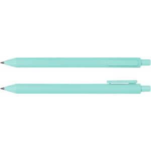 A turquoise ballpoint pen is displayed, featuring a smooth barrel and a clip for easy attachment.