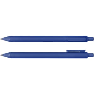 A blue ballpoint pen displayed from two angles, featuring a smooth design and a clip for easy attachment.