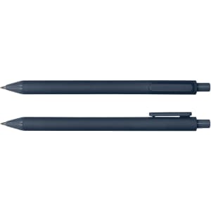 Two navy blue ballpoint pens laid parallel, featuring a clip and a smooth design. The pens have a simple branding logo.