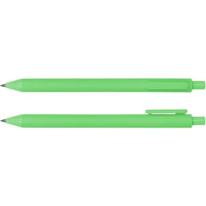 A green ballpoint pen displayed upright and horizontally, featuring a clip and a smooth barrel.