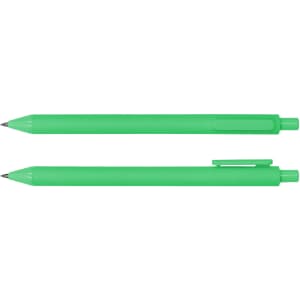 A pair of green ballpoint pens, featuring a smooth design and clip for convenience, with a logo on one pen.