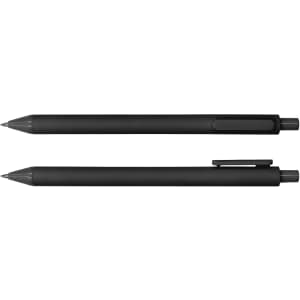 A black ballpoint pen featuring a sleek design, with a clip and a smooth tip for writing. It has a branding logo.