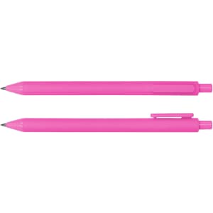 A pink ballpoint pen with a smooth finish, featuring a clip and a rounded tip. It has a simple logo.