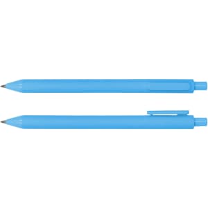 A blue ballpoint pen with a smooth finish and a clip on the side, featuring a simple design and a tip for writing.