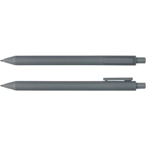 A grey ballpoint pen displayed from two angles, featuring a clip and smooth body design.
