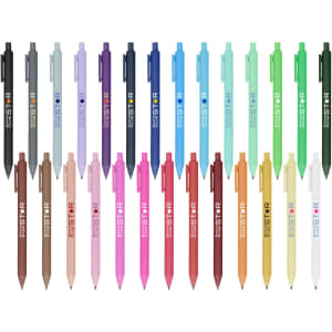 A collection of Virgo ball point pens in various colours including black, blue, green, and pink, arranged in rows.