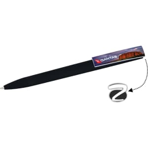 A black plastic pen featuring a logo and a decorative image on the top.
