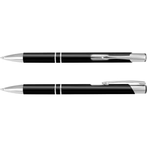A pair of black metal pens with silver accents, featuring a sleek design and a logo.