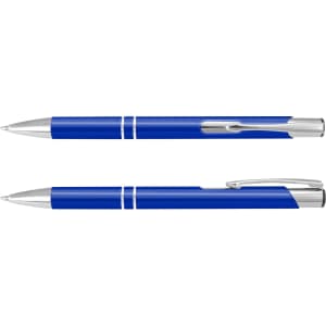 A blue metal pen with silver accents and a retractable design, featuring a logo on the body.