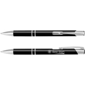A metal pen in black with silver accents and a branding logo, featuring a sleek design.
