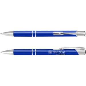 A blue metal pen with silver accents and a logo, featuring a sleek design and pen clip.