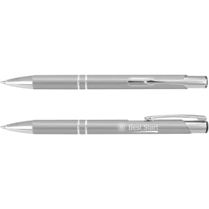 A set of silver metal pens featuring a clip and a logo, positioned for display on a white background.