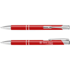 A set of red metal pens with silver accents, featuring a branding logo on one pen.
