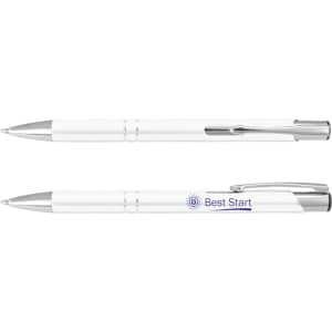 A white metal pen with a silver clip and trim, featuring a branding logo.